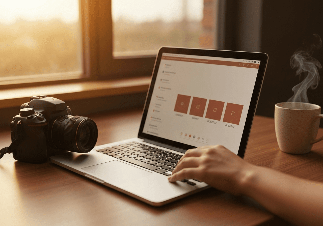 Photographer managing bookings on laptop with camera nearby